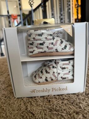Freshly Picked White Baby Moccasins with Dachshund Print